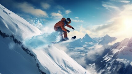 One person snowboarding enjoying the winter sport and freedom  - obrazy, fototapety, plakaty