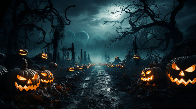 Spooky halloween background with pumpkins, bats, and full moon for mysterious atmosphere