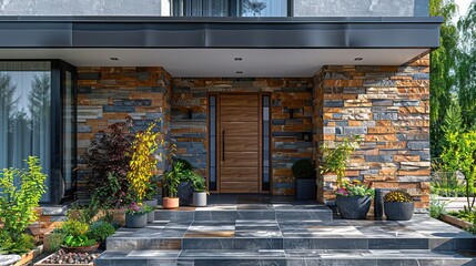 Contemporary house entryway featuring natural stone wall, wooden door, and clear sky in the morning light - Generative AI - obrazy, fototapety, plakaty
