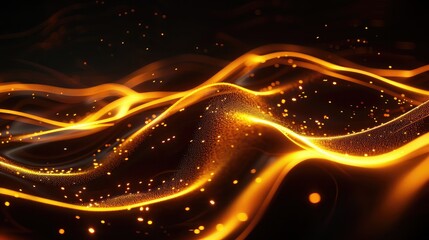 Flickering waves with light effect isolated on black background. Abstract motion. Neon glowing curves strewn with sparks in dark space - obrazy, fototapety, plakaty