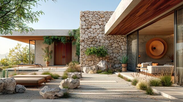 Contemporary house entryway featuring natural stone wall, wooden door, and clear sky in the morning light - Generative AI
