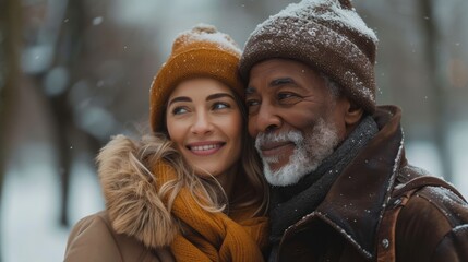 Fototapeta premium a man and a woman are posing for a picture in a snowy forest with trees and snow on the ground.