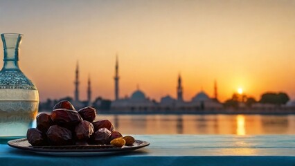 A plate of dates and a glass of water on a table, sunset, with a mosque in the background, Ramadan.