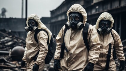 People in protective suits and gas masks against a backdrop of destroyed infrastructure