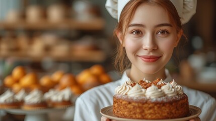 a woman in a chef's hat holding a cake in front of a row of orange cupcakes.