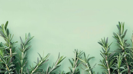 Fototapeta premium A top border of fresh rosemary herbs against a pastel green background, giving a sense of freshness and nature