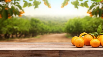 A rustic wood table, set against a backdrop of orange trees and a field of oranges.
