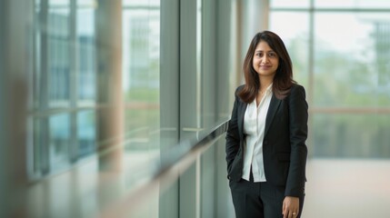 Fototapeta premium Young woman in business wear standing with armes crossed in business environment,