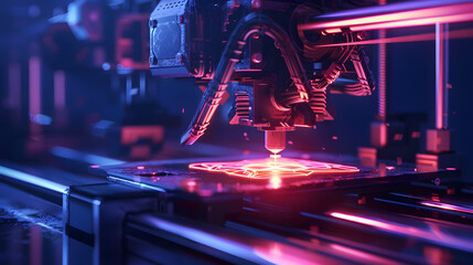 A high-tech 3D printer with radiant indicators and design patterns radiating from its nozzle