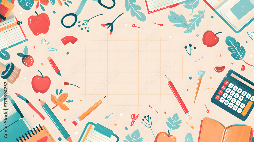 Poster a likable flat cartoon vector layout with learning supplies, grid pattern in the core of the picture