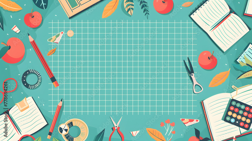 Poster a lovely flat cartoon vector layout with learning materials, grid pattern in the core of the picture