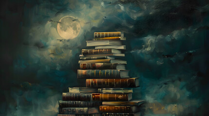 A large stack of books with the moon shining in dark sky - obrazy, fototapety, plakaty