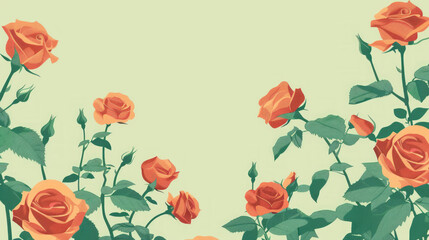 Beautiful orange roses in a vintage illustration style on a soft pastel green background, exuding romance and nostalgia