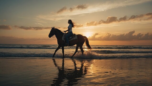An attractive woman is horseback riding at the beach at sunset