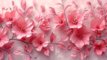 a bunch of pink flowers that are on a pink and white background with a pink wall in the back ground.