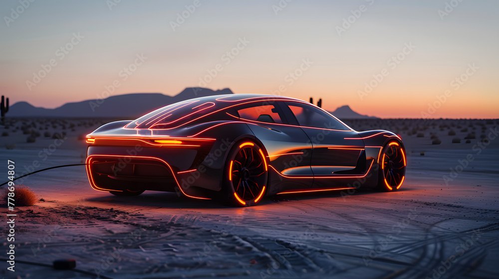 Poster a modern electric car with illuminated lines and energy waves pulsating from its frame