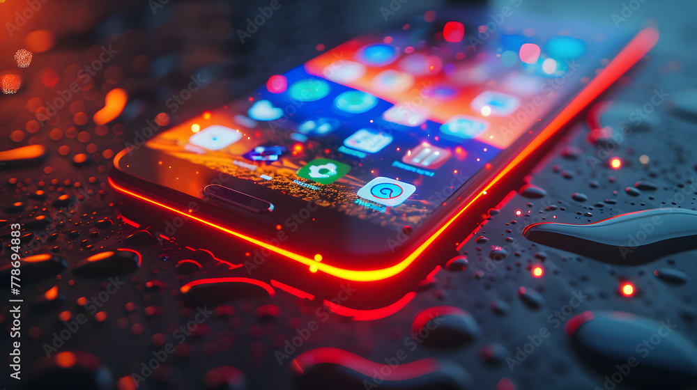 Poster a next-generation smartphone with luminous icons and data waves flowing across its screen