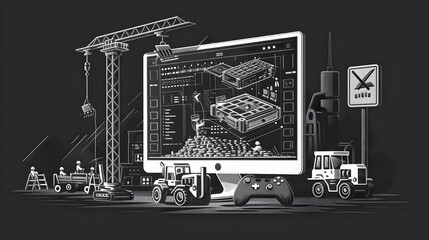 A monochrome vector illustration of small coders constructing a digital platform on and around a gaming console