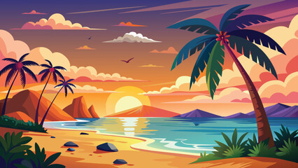 Obraz premium Evening on the beach with palm trees. An evening on the beach with palm trees. Colorful picture for rest. Blue palm trees at sunset. Orange sunset in the blue sky. Vector , Generative ai
