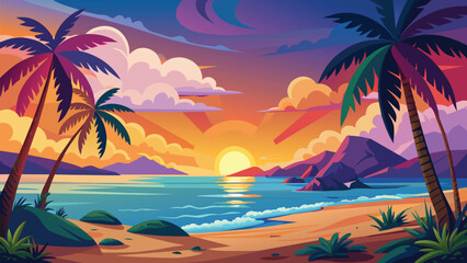 Obraz premium Evening on the beach with palm trees. An evening on the beach with palm trees. Colorful picture for rest. Blue palm trees at sunset. Orange sunset in the blue sky. Vector. ai generated