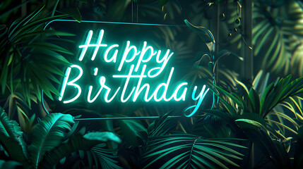 A neon sign with the words Happy Birthday in teal