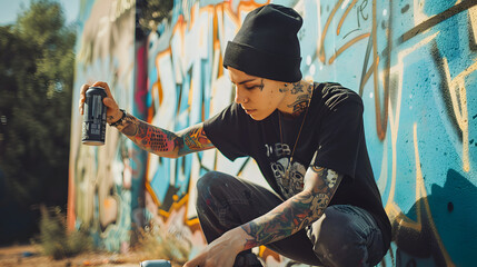 A photo of a hip young artist spray painting graffiti outdoors