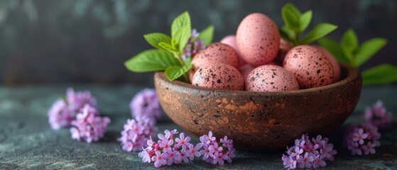 Obraz na płótnie Canvas a wooden bowl filled with eggs sitting on top of a table next to purple flowers and green leafy leaves.