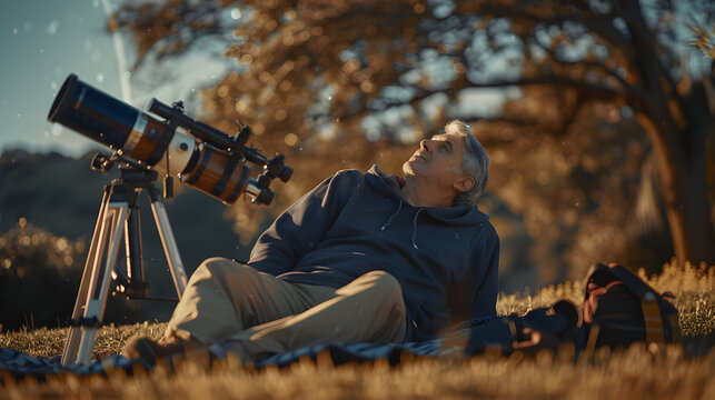 A photo of an amateur astronomer stargazing outdoors