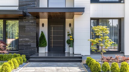 Modern exterior of house with door and plants in front yard - obrazy, fototapety, plakaty
