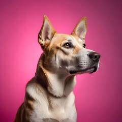 Portrait of dog looking to the side, solid pink background, professional photography, studio lighting