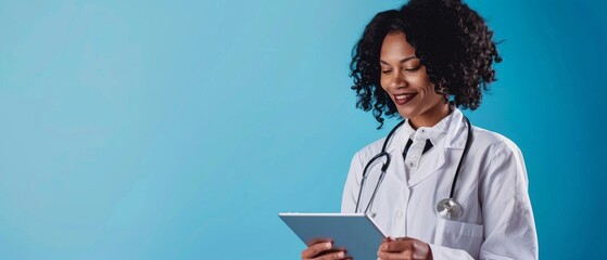 mature female doctor in white coat holding digital tablet and looking at it, smiling while standing against blue background