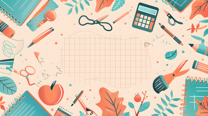 A pleasing flat cartoon vector background with academic supplies, grid pattern in the core of the picture

 - obrazy, fototapety, plakaty