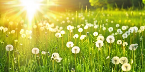 Sunny meadow with dandelions and green grass background