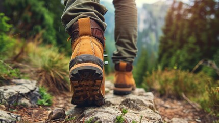 Male hiker in mountain, traveler boots walking in forest, Adventures in nature - obrazy, fototapety, plakaty
