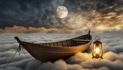 3d rendering of abandoned wooden boat over fluffy night clouds illuminated from a storm lantern