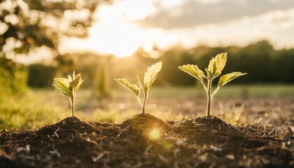 three saplings are growing on the soil and a natural green background - obrazy, fototapety, plakaty
