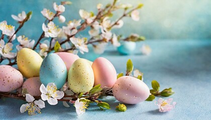 Whimsical Easter Delight: Colorful Eggs and Flowering Branches on Light Blue"