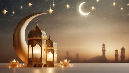 Obraz premium beautiful ramadan kareem background with golden crescent moon stars and lanterns for eid mubarak celebration and greeting card