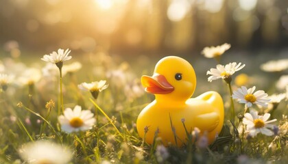 little yellow rubber duck bath toy on spring meadow with flowers in sunny day creative funny easter concept for background card banner poster wallpaper