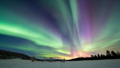 magical winter night with green and purple northern lights low angle view highlights celestial display against snowy landscape enhanced by a defocused aura made with generative ai technology