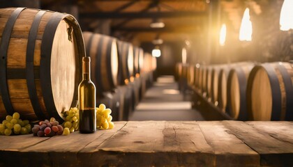 table background of free space for your wine bottle or food on top and dark retro interior of barrels high quality photo