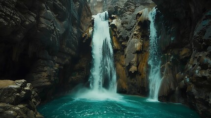 A majestic waterfall cascading down rugged rocks into a turquoise pool below