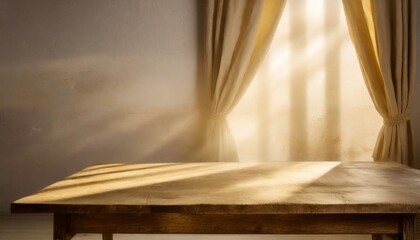 vintage wooden table with blowing curtains and sunlight on concrete wall tabletop product placement...