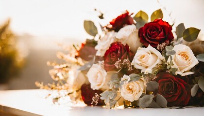 bouquet of red and white roses isolated on white background