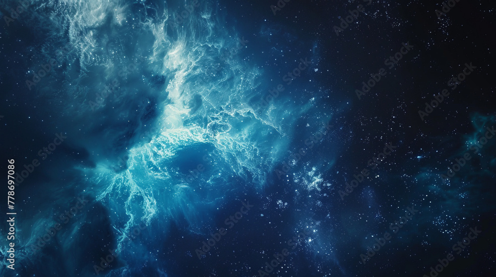 Poster an electrifying display of blue and white resembling an intergalactic cloud formation surrounded by 