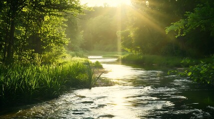 A serene river winding through a lush green forest bathed in sunlight