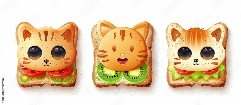 Poster three slices of toast with a cat face art, featuring felidae characteristics such as whiskers, snout
