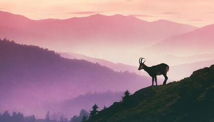 horizontal banner a chamois stands on top of hill with mountains and forest in background silhouette with pink and violet background illustration magic misty landscape - obrazy, fototapety, plakaty