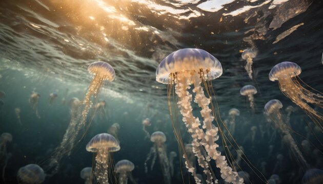 swarm of spotted blue jellyfish their tentacles trailing drifts in the serene dark ocean depths