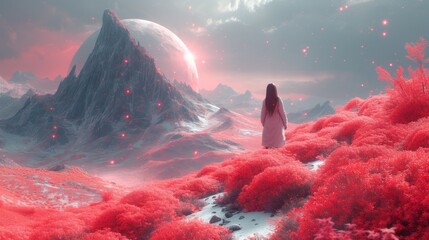 a woman standing on top of a snow covered mountain next to a giant red object in the distance with a sky filled with stars and clouds. - obrazy, fototapety, plakaty